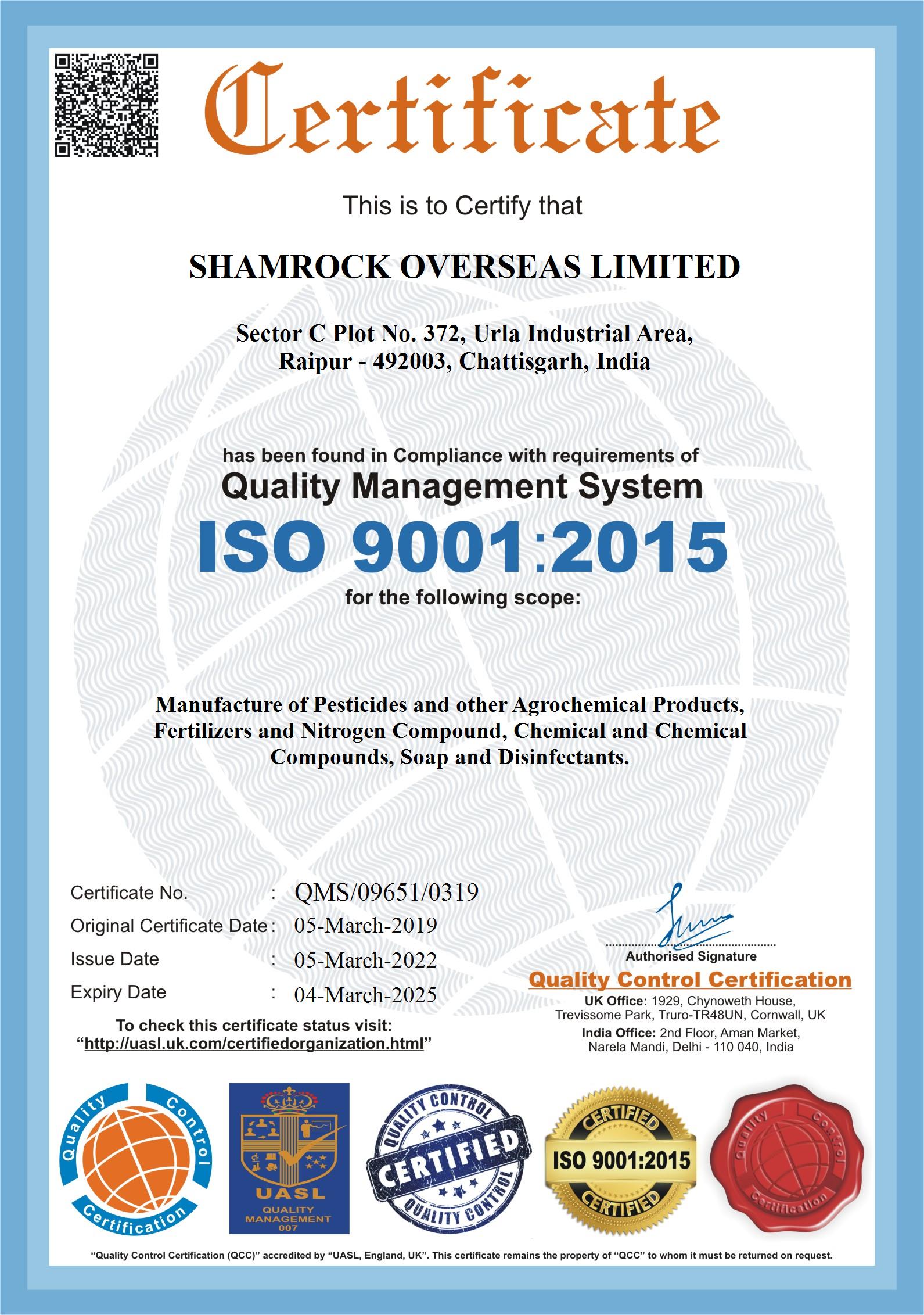 ISO Certificate, Shamrock Overseas